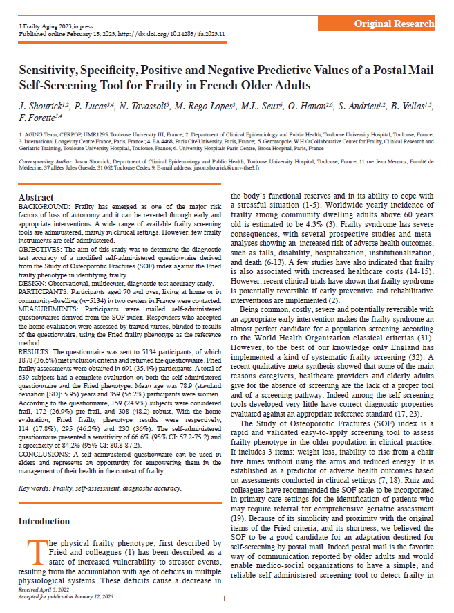 Sensitivity, specificity, positive and negative predictive values of a postal mail self-screening tool for frailty in French older adults